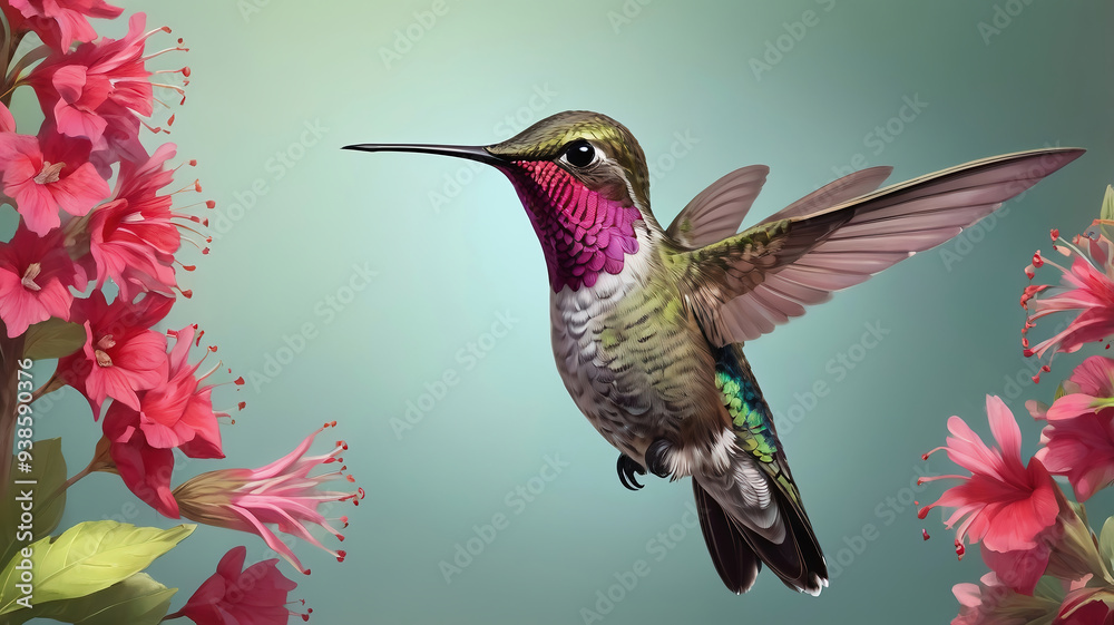 Fototapeta premium Anna's hummingbird and flowers background illustration, hovering hummingbird wallpaper design