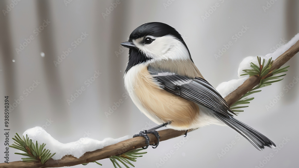Black capped chickadee perched in winter painting, beautiful birding birdwatcher wildlife background Black capped chickadee perched in winter painting, beautiful birding birdwatcher wildlife background