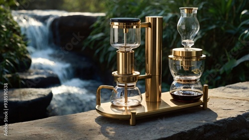  high-end coffee siphon setup, elegantly arranged on a polished marble countertop, exudes opulence and sophistication.  photo