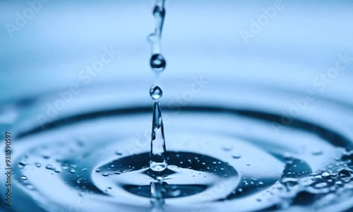 Close-up of a single water drop creating ripples and splashes in clear blue liquid photo