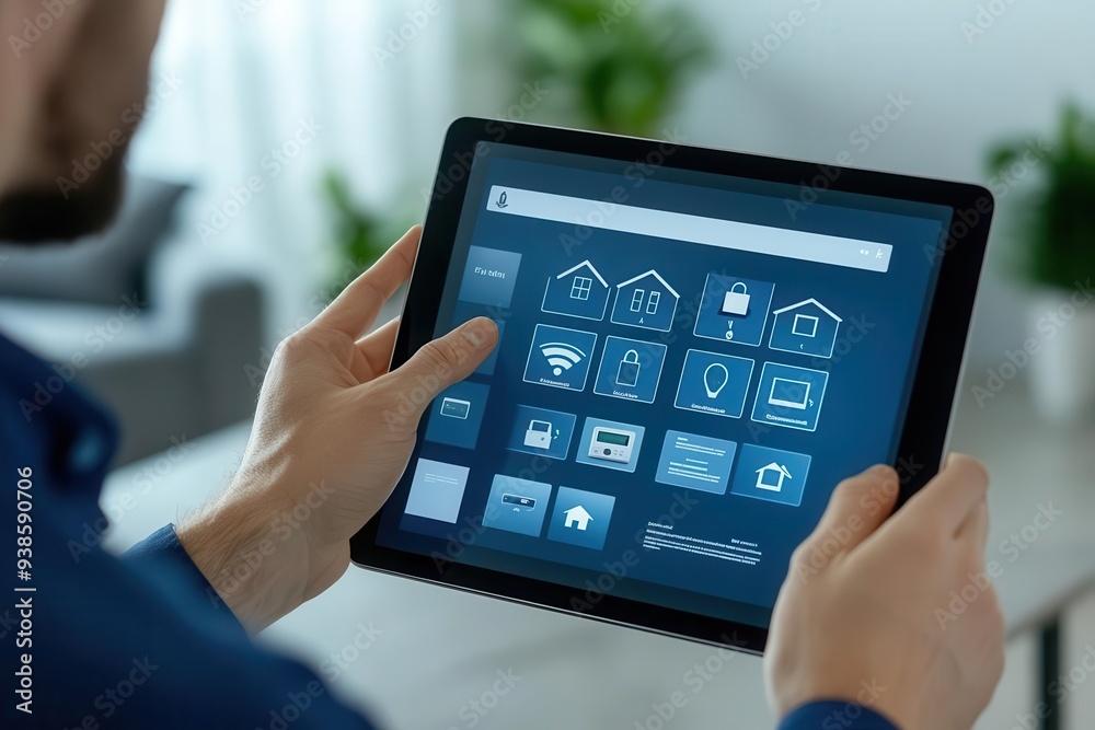 A person using a tablet to control smart home features, showcasing modern technology and home automation. A person using a tablet to control smart home features, showcasing modern technology and home automation.
