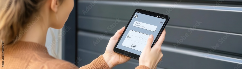 A woman interacts with a tablet against a gray wall, showcasing technology and communication in a modern setting. A woman interacts with a tablet against a gray wall, showcasing technology and communication in a modern setting.