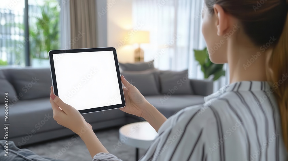 A woman using a tablet in a cozy living room, showcasing modern technology in a stylish home setting. A woman using a tablet in a cozy living room, showcasing modern technology in a stylish home setting.