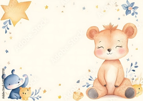 Wallpaper Mural Watercolor illustration of a cute cartoon bear with stars and flowers on a white background. Template for quotes, and greetings cards Torontodigital.ca