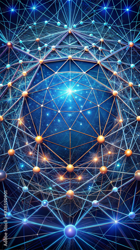 Fototapeta premium Abstract geometric network background with interconnected nodes and lines, glowing blue and orange, futuristic technology and communication concept