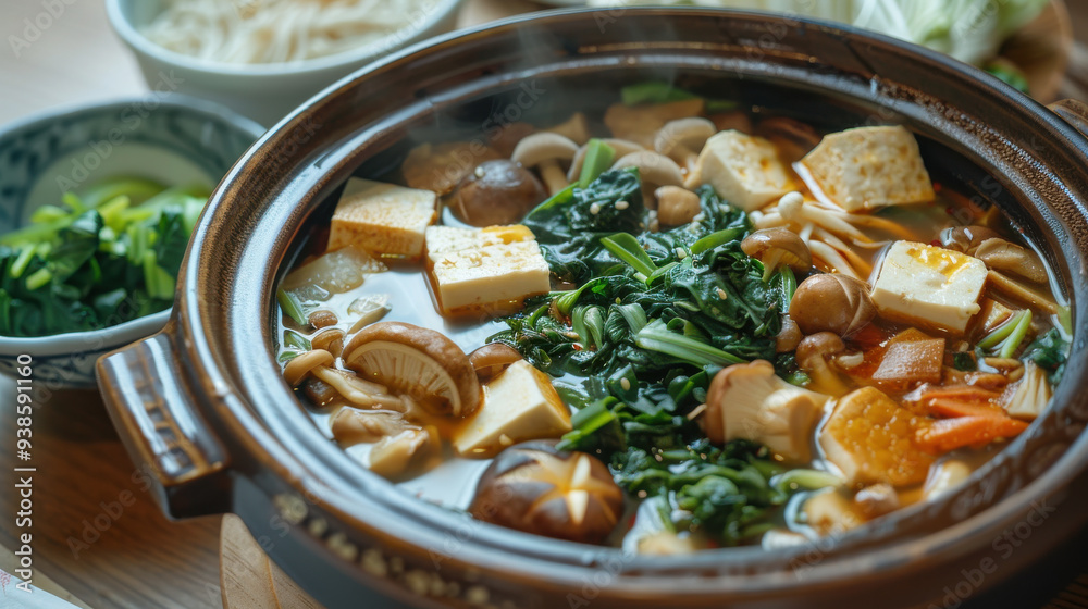 A rich and flavorful hot pot with a medley of colorful ingredients, including mushrooms, tofu, and leafy greens. A rich and flavorful hot pot with a medley of colorful ingredients, including mushrooms, tofu, and leafy greens.