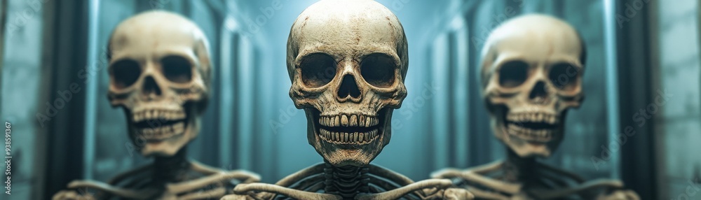 Skeleton clowns in a haunted mirror maze, spooky reflections, 3D illustration Skeleton clowns in a haunted mirror maze, spooky reflections, 3D illustration