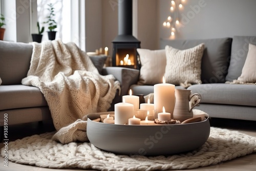 Beige chunky knit is thrown onto a gray sofa. Coffee table with candles facing the fireplace. Scandinavian farmhouse, modern living room hygge home interior design. Warm and inviting winter atmosphere