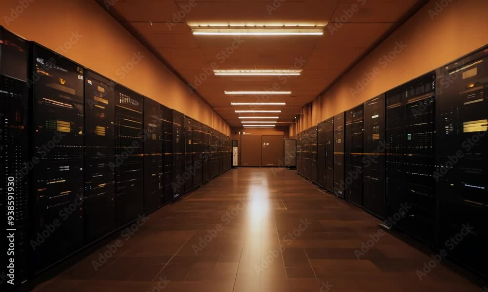Digital Corridor: A perspective of towering server racks lining a long, illuminated hallway, radiating an aura of power and technological advancement. Digital Corridor: A perspective of towering server racks lining a long, illuminated hallway, radiating an aura of power and technological advancement.