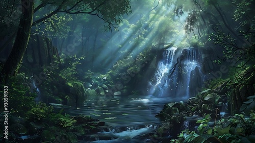 A serene forest scene featuring a waterfall cascading into a tranquil pool, illuminated by soft sunlight.