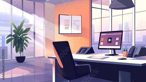 A modern office workspace bathed in soft sunlight, showcasing productivity and creativity in a bustling cityscape during the morning hours