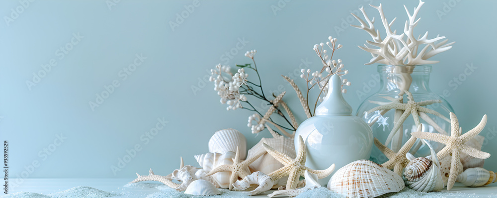 Seashells and Starfish on Blue Background Seashells and Starfish on Blue Background