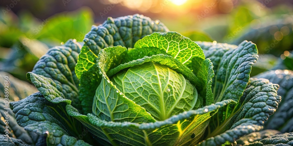Fototapeta premium Freshly harvested Savoy cabbage with dew drops in the early morning light, Savoy cabbage, harvest, garden, organic
