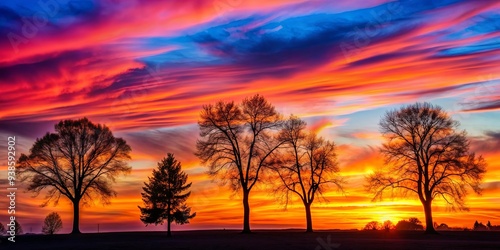 Trees silhouetted against a vibrant sunset sky, nature, landscape, evening, dusk, twilight, outdoor, skyline, branches