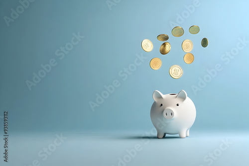 Minimalist Golden Coins Floating to Piggy Bank on Blue Background