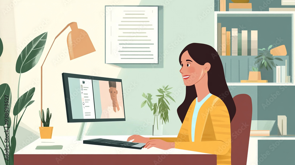 A cheerful woman enjoys her home office while browsing on a computer in a cozy and bright workspace filled with plants and books A cheerful woman enjoys her home office while browsing on a computer in a cozy and bright workspace filled with plants and books