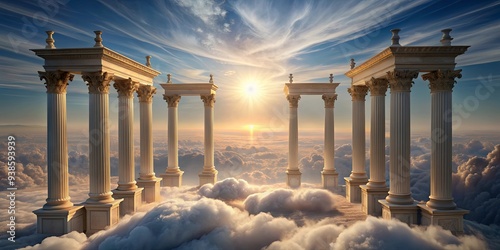 Celestial sanctuary with tall pillars in a cloud and fog-filled environment , celestial, sanctuary, tall pillars, clouds photo