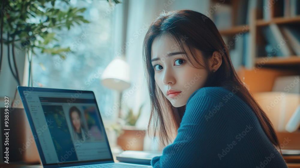 Focused young woman working on her laptop in a cozy, sunlit study during a peaceful afternoon, surrounded by plants and books Focused young woman working on her laptop in a cozy, sunlit study during a peaceful afternoon, surrounded by plants and books
