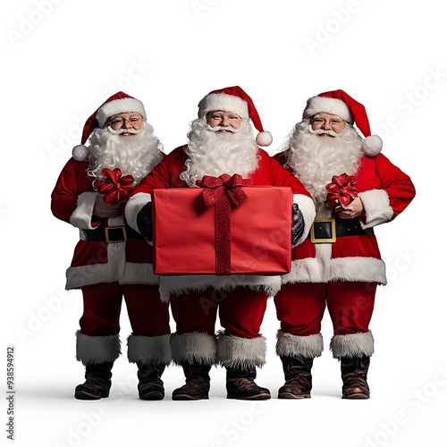 Three Santa Clauses Holding a Large Gift Box of Presents on White Background