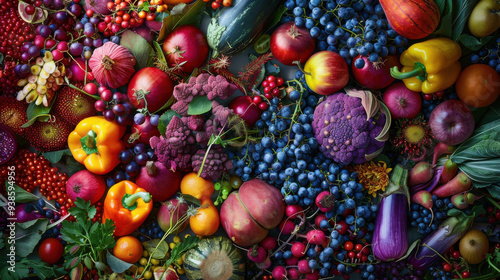 A stunning array of vibrant fruits and vegetables, showcasing nature's colorful bounty.