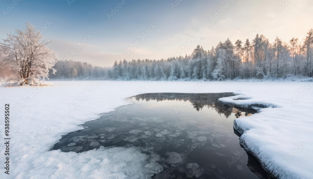 Whispers of winters touch on a serene lake Whispers of winters touch on a serene lake