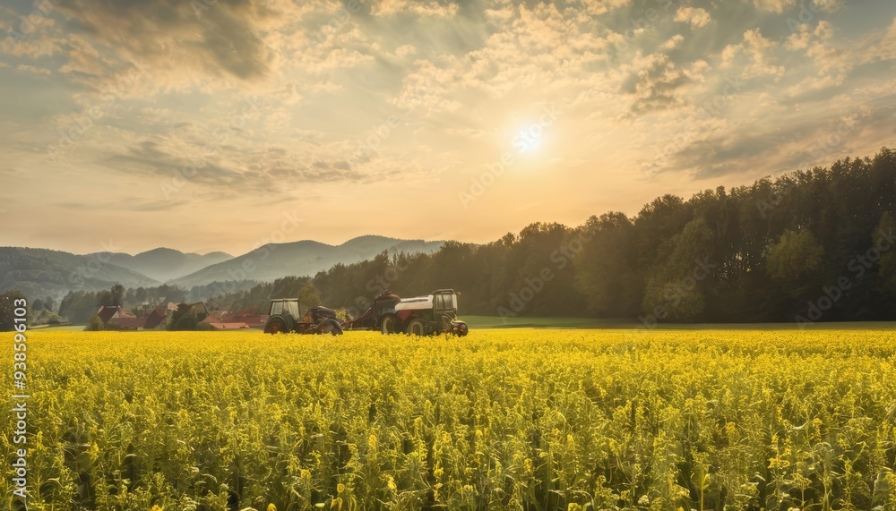 Obraz premium Bright day in the countryside with a tractor in the field