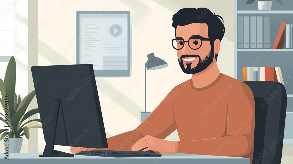 A young man working on a desktop computer while smiling in a bright home office filled with plants and books A young man working on a desktop computer while smiling in a bright home office filled with plants and books