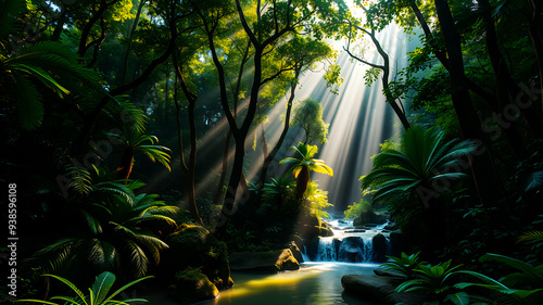 A lush green forest with rays of sunlight filtering through the trees