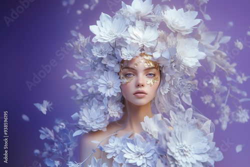 A woman with a flowery headdress and gold eyeshadow