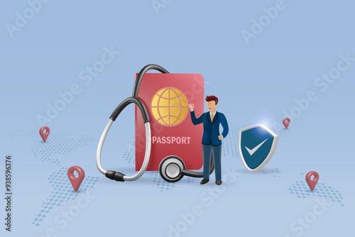 Global comprehensive coverage for travel and medical insurance. Insurance agent with passport, stethoscope and shield guard on world map. Travel insurance coverage and medical tourism concept. Vector.