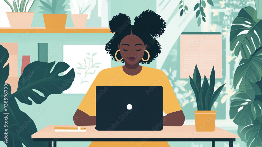 An engaged woman working on her laptop in a tranquil indoor garden surrounded by lush green plants and natural light An engaged woman working on her laptop in a tranquil indoor garden surrounded by lush green plants and natural light