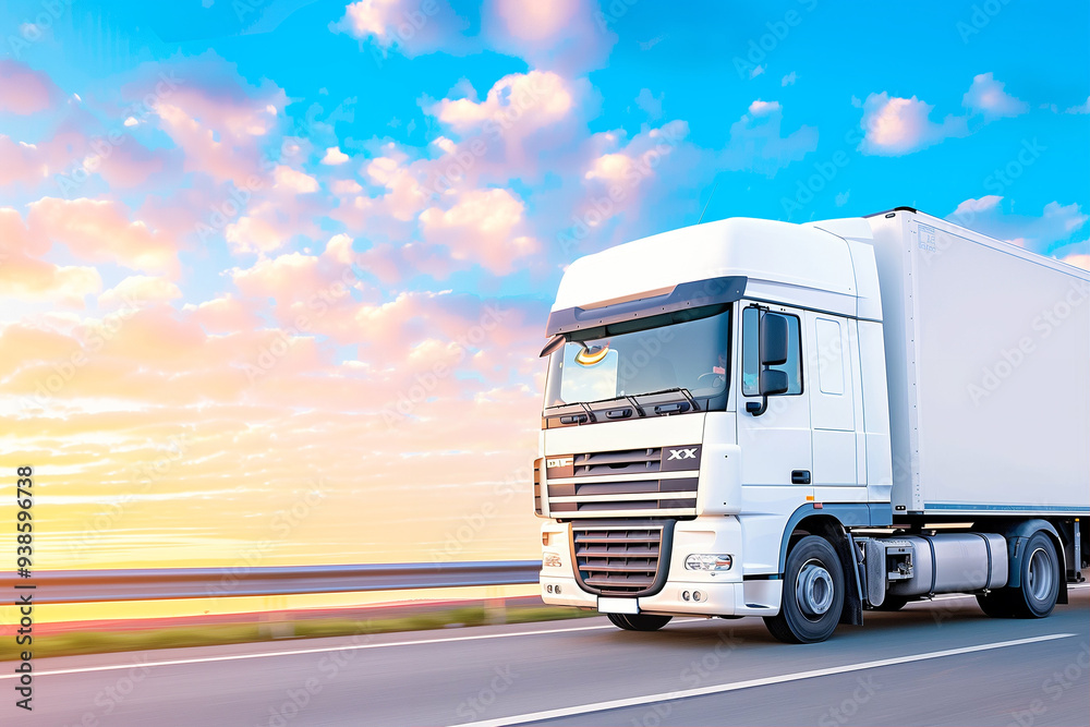 Truck on the highway under a colorful sunset sky. Transportation vehicle driving fast on road. White truck with cargo box cruising along the scenic route Truck on the highway under a colorful sunset sky. Transportation vehicle driving fast on road. White truck with cargo box cruising along the scenic route