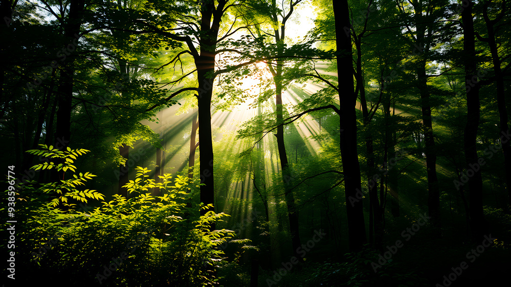 Fototapeta premium A lush green forest with rays of sunlight filtering through the trees