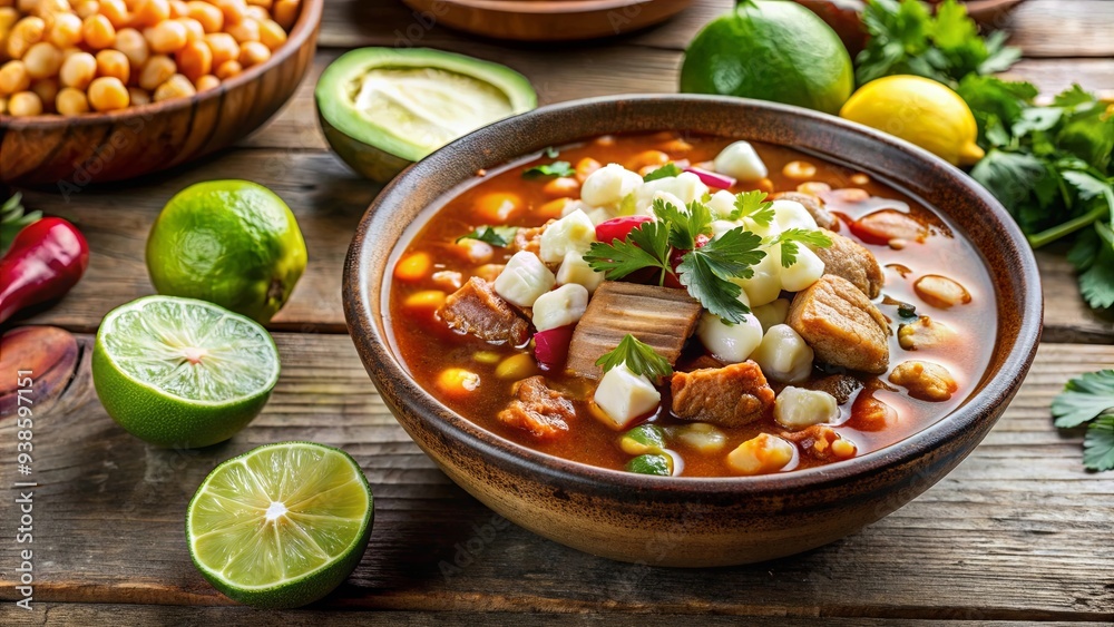 Steaming bowl of Mexican pozole soup with hominy and pork, Mexican, pozole, soup, steaming, bowl, hominy Steaming bowl of Mexican pozole soup with hominy and pork, Mexican, pozole, soup, steaming, bowl, hominy