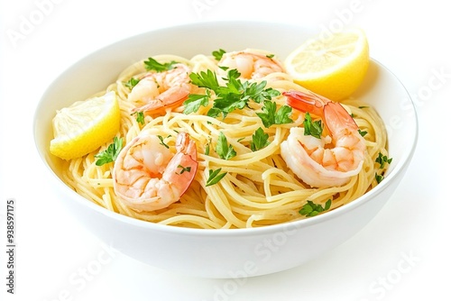 Pasta spaghetti shrimp lemon coriander in white bowl isolated on white background close up, top view, food concept. Generative ai