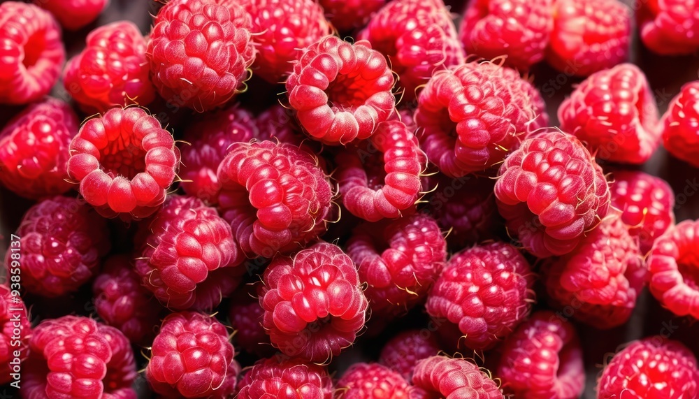 Bright and juicy red raspberries in a closeup shot Bright and juicy red raspberries in a closeup shot