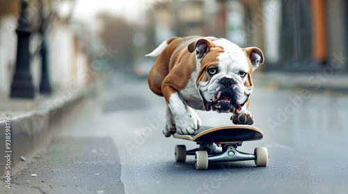 Energetic Bulldog Riding Skateboard on Lively Urban Street Scene  Playful Canine Balancing on Wheeled Board in Outdoor City Environment