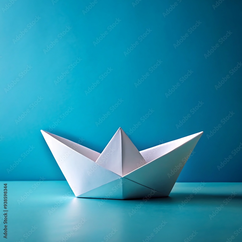 A paper boat is sitting on a blue surface. The boat is small and white, and it is a simple design. The blue background adds a sense of calmness and serenity to the image A paper boat is sitting on a blue surface. The boat is small and white, and it is a simple design. The blue background adds a sense of calmness and serenity to the image