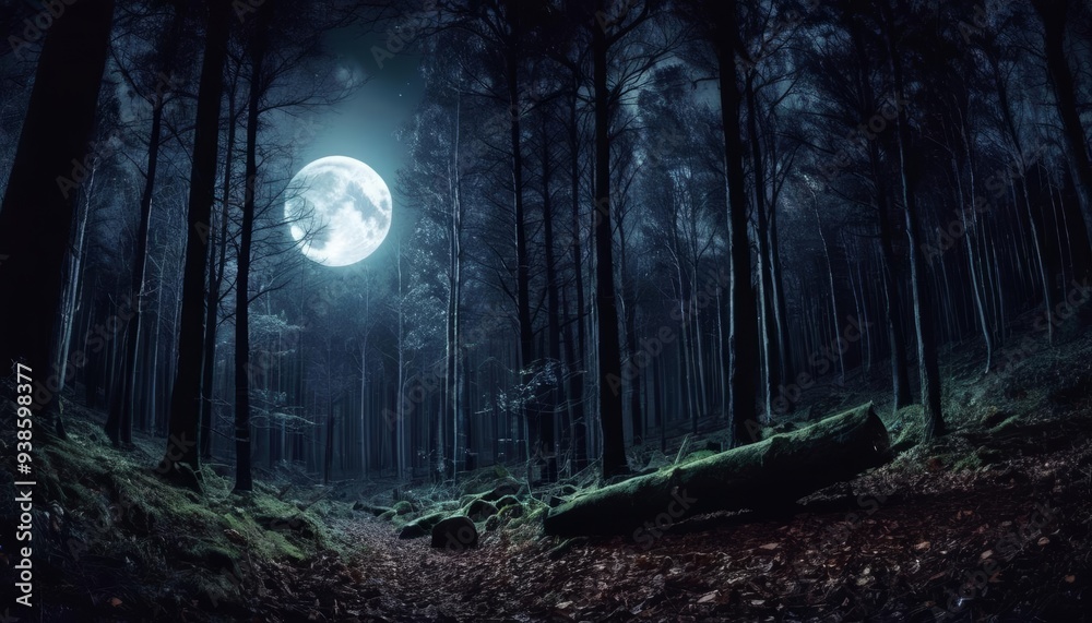 Moonlit Mystery A serene forest under the full moon Moonlit Mystery A serene forest under the full moon