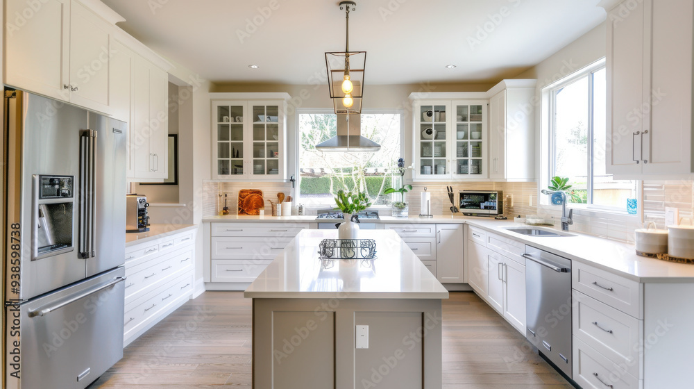Fototapeta premium A tidy and organized kitchen with spotless countertops and well-arranged appliances, ready for cooking.