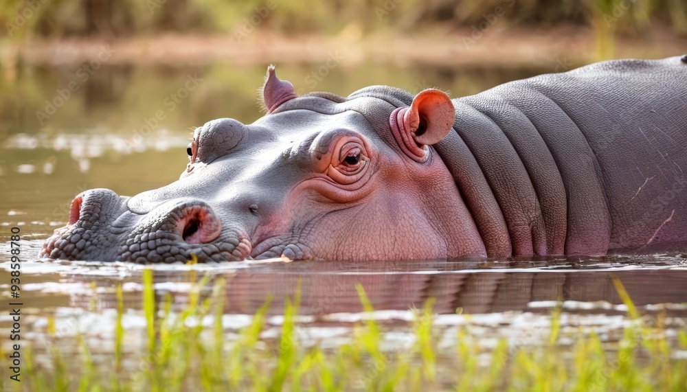 Fototapeta premium Tranquil moment in nature A hippos serene face in the water