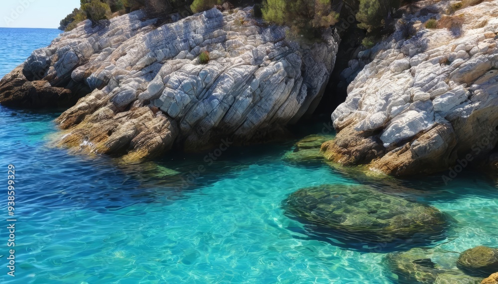 Enchanting underwater view of a rocky shoreline Enchanting underwater view of a rocky shoreline