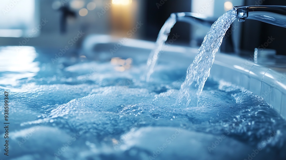 Close-up of a water jet filling a bathtub with bubbles. Close-up of a water jet filling a bathtub with bubbles.