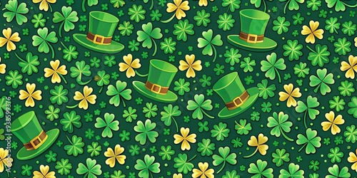 Seamless pattern of clover leaves and Leprechaun hats for St Patrick's Day celebration, St Patrick's Day, shamrock, green