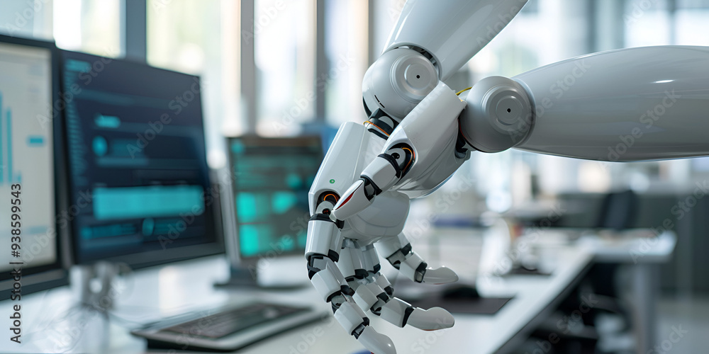 Robotic hand interacting with computer screen in a high-tech office, representing AI and automation
Robotic hand interacting with computer screen in a high-tech office, representing AI and automation