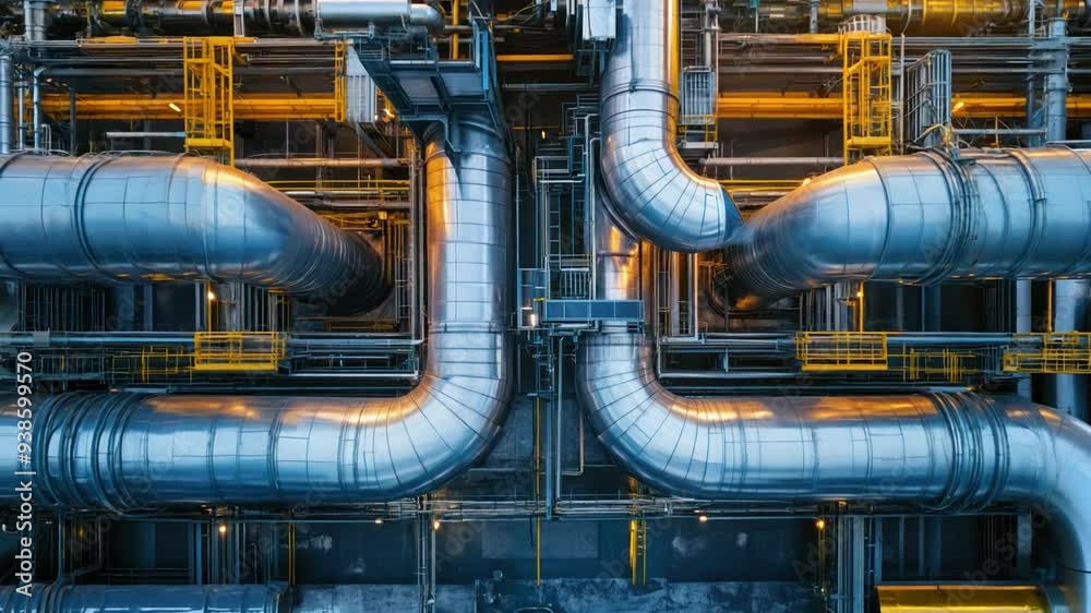 A large industrial pipe system with many pipes and valves. The pipes are made of metal and are connected to each other in a complex network. Scene is industrial and technical