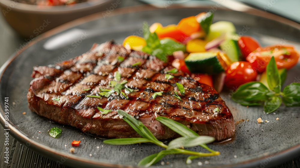 A vibrant and appetizing grilled steak served with colorful vegetables on a plate. A vibrant and appetizing grilled steak served with colorful vegetables on a plate.
