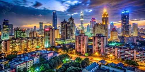 Night landscape with illuminated buildings in high dynamic range shot, city, urban, skyline, architecture, illuminated photo