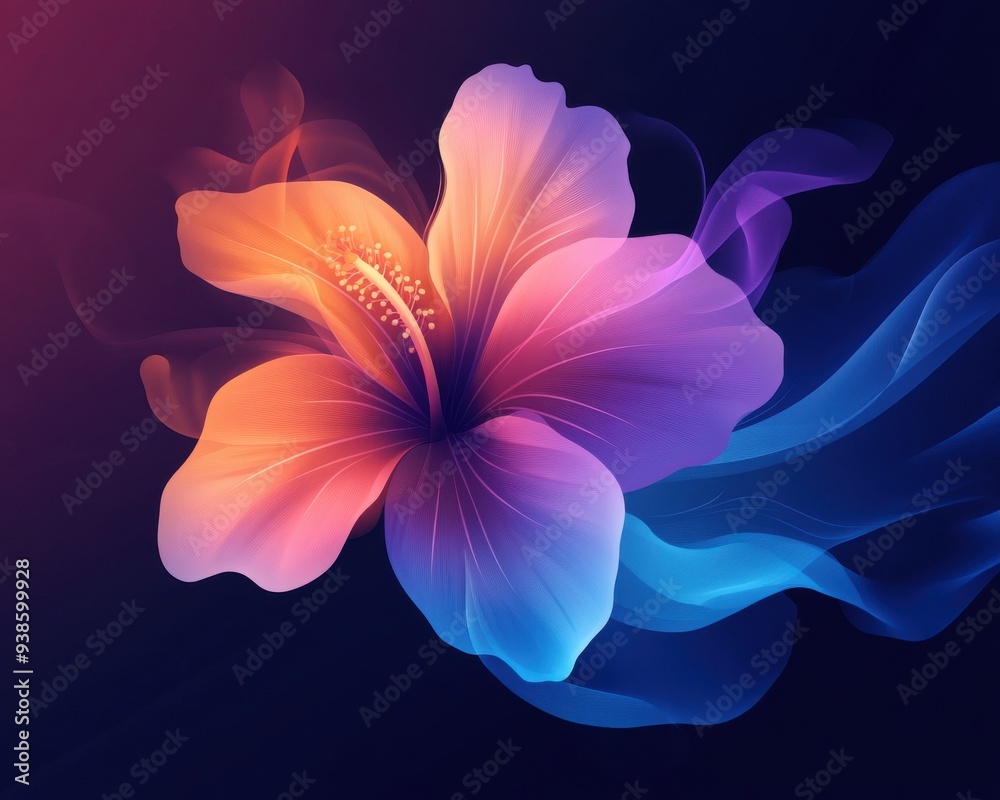 A vibrant, colorful hibiscus flower illustration with glowing hues against a dark background, creating a mesmerizing and dreamy visual effect. A vibrant, colorful hibiscus flower illustration with glowing hues against a dark background, creating a mesmerizing and dreamy visual effect.