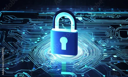 Cybersecurity Fortress: A glowing padlock stands guard atop a complex circuit board, representing the impenetrable shield of digital security. 